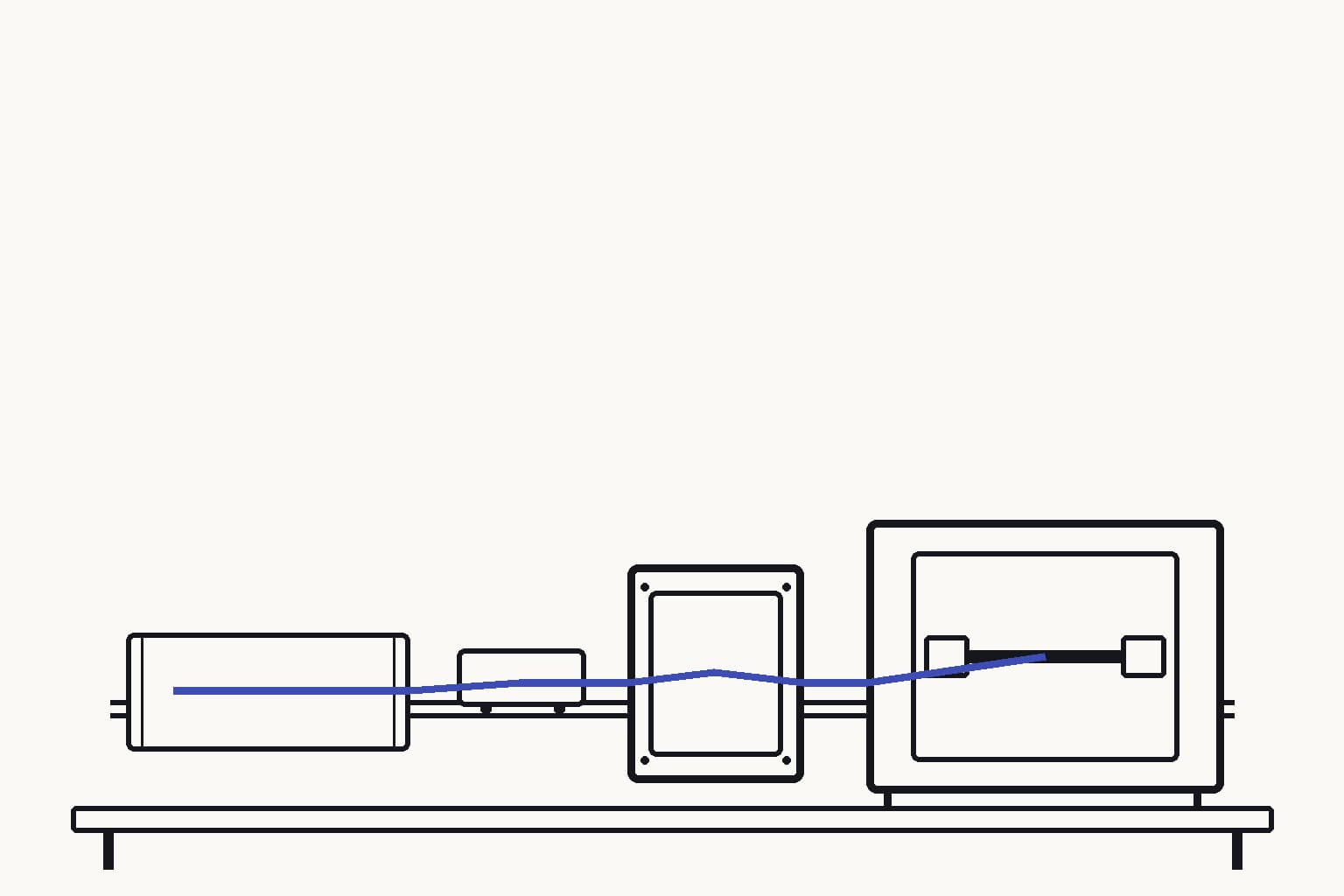 A material coupon traveling on a short rail from a prediction cartridge through one compact correction plate and into a tensile-test frame — The bounded correction plate adjusts the predicted path before the physical tensile test