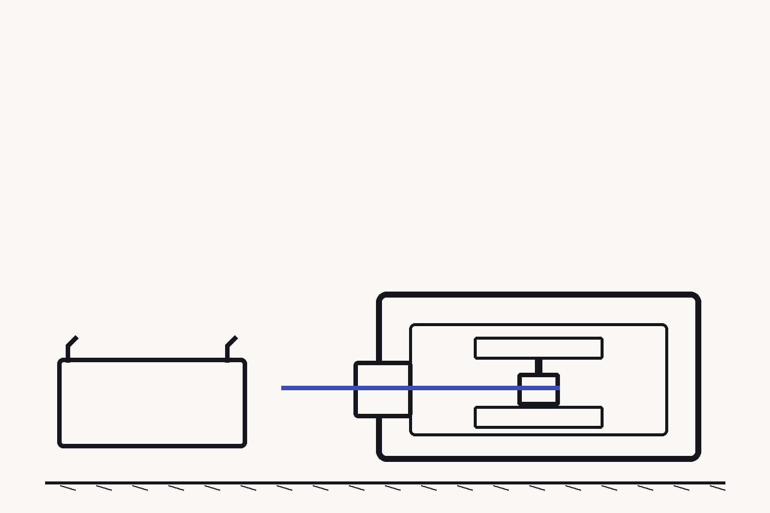 A sealed prediction cartridge locked in a cradle outside an independent compression-test chamber, with the specimen entering through a separate hatch — The sealed prediction remains untouched until the independent measurement is complete