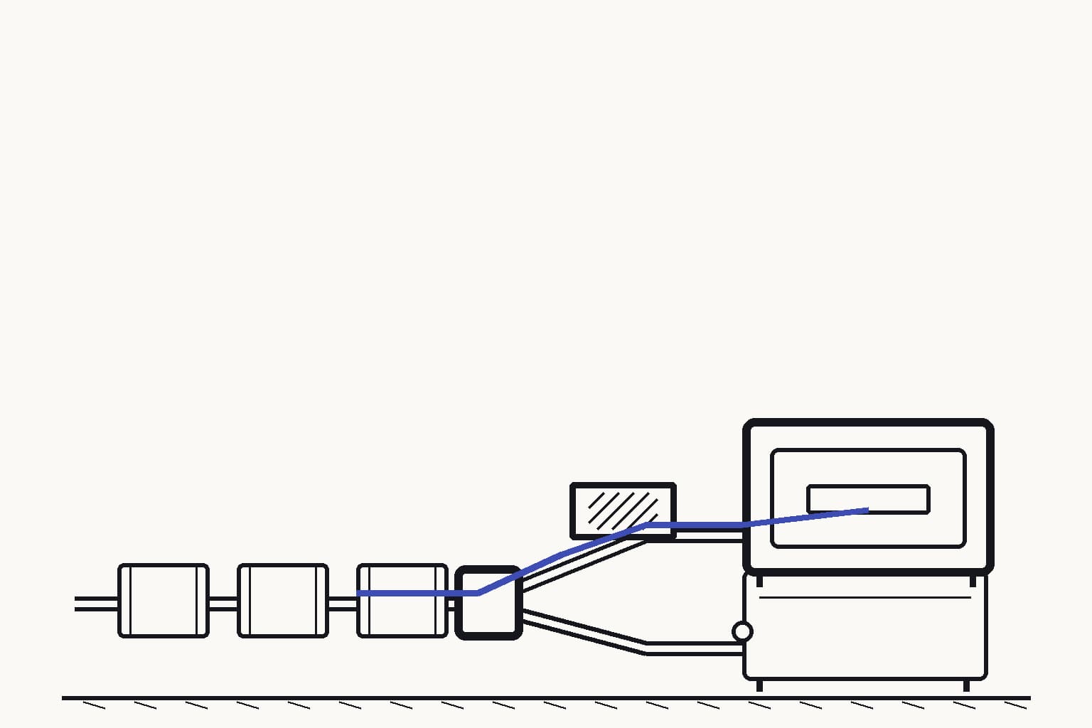 A branching sample rail at a quiet allocation station: simple coupons enter a rapid screen while one complex interface coupon is diverted to a reference chamber — The physical switch routes work according to evidence difficulty
