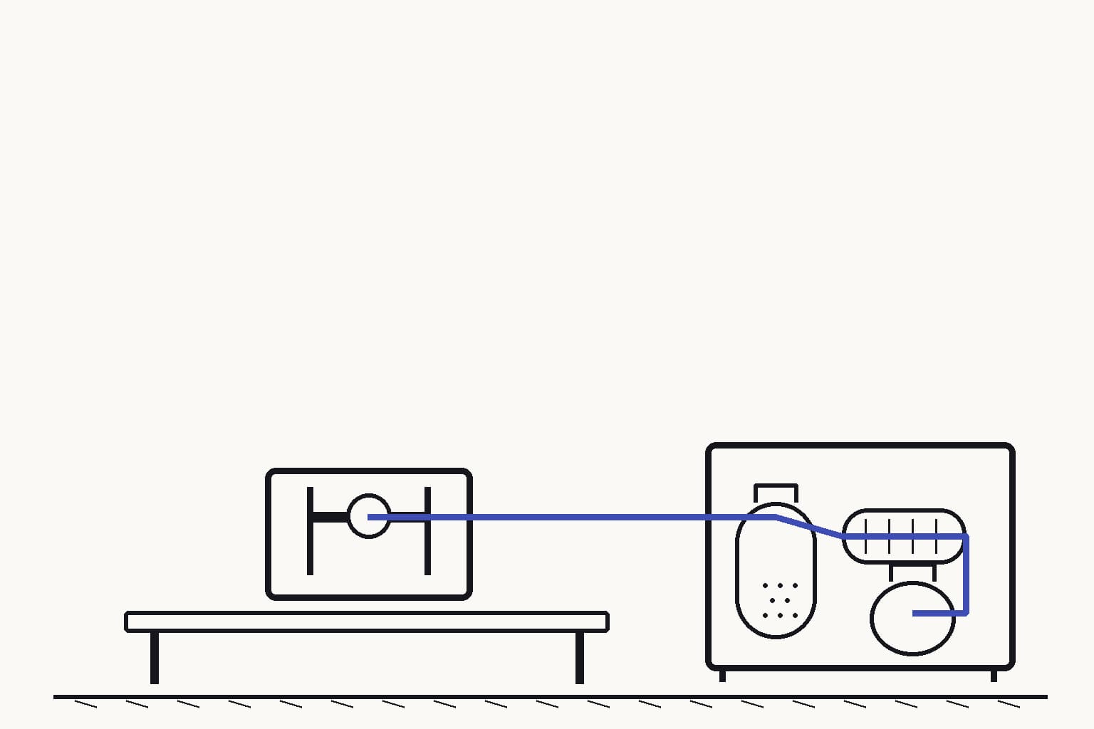 A central instrument bench with one calibrated sample holder connected by a restrained indigo line to a compact water-filtration pilot skid across the room — The calibrated holder transfers a measured material result into one filtration pilot decision
