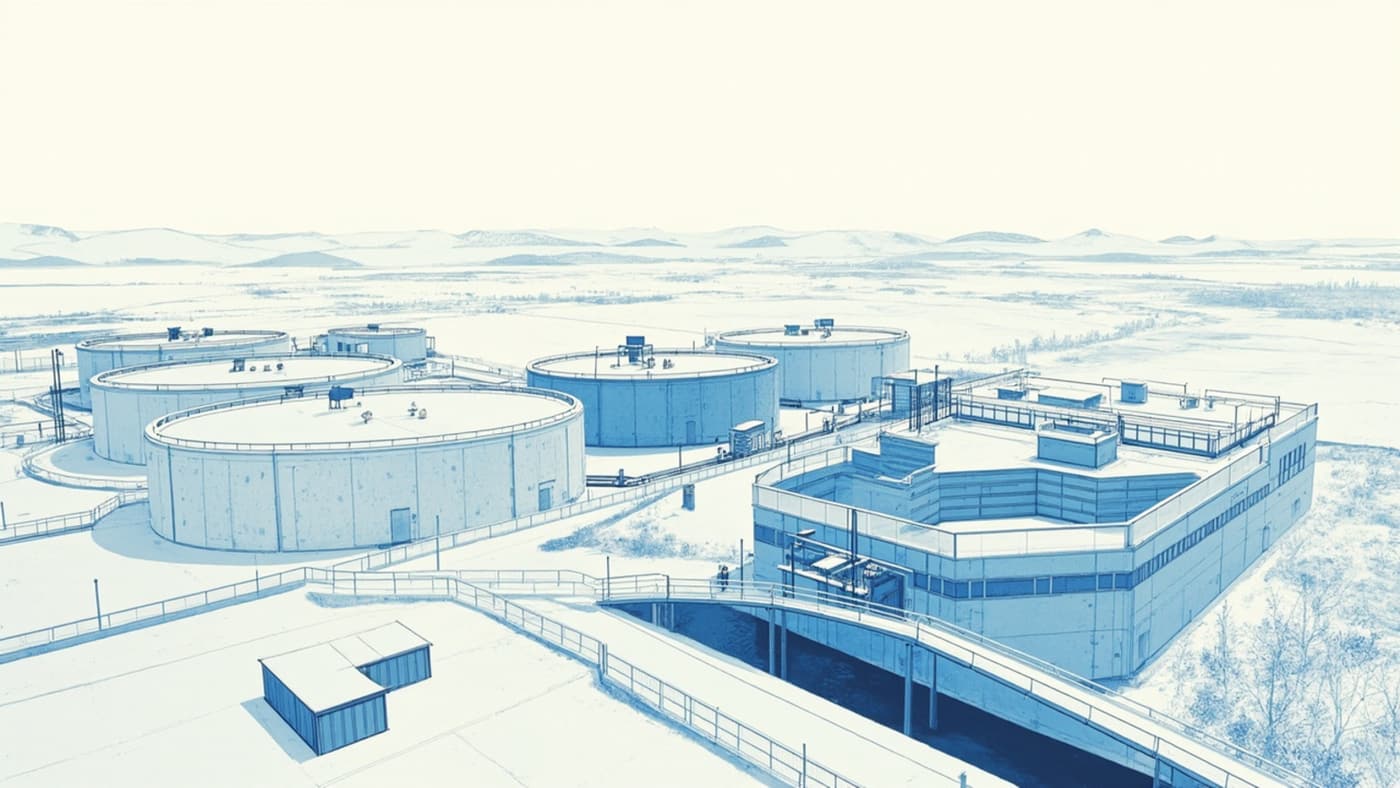 A calm regional landscape of treatment plants and clean infrastructure, with the material interventions visible but secondary