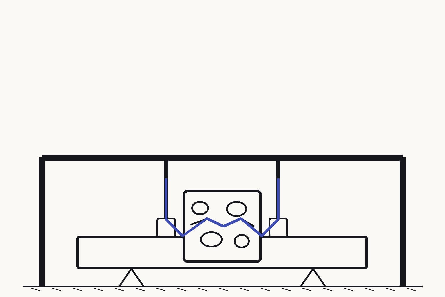 A full-scale concrete beam in a four-point load frame, with one enlarged cutaway window showing the binder-to-aggregate interface beneath the loading nose — The load frame tests whether the material interface transfers force without separating