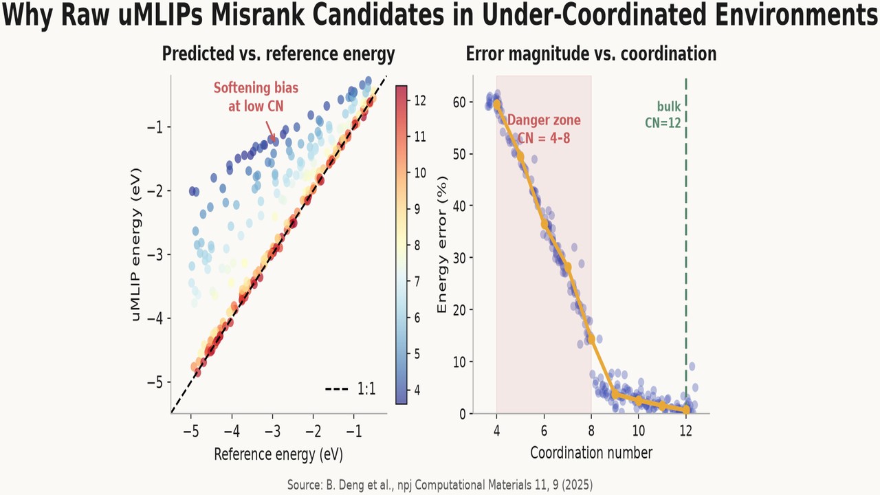 Why Raw uMLIPs Misrank Candidates in Under-Coordinated Environments
