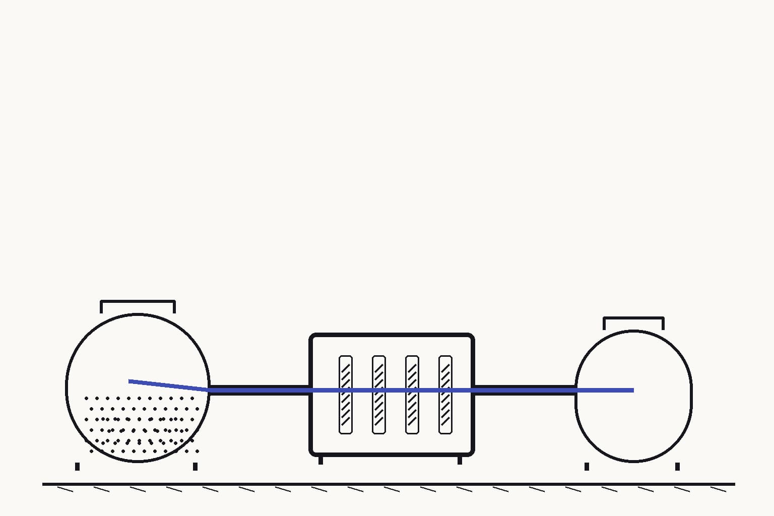 A contained mine-tailings water skid with one ion-selective membrane cassette between a feed tank and a recovered-mineral vessel — The membrane cassette separates dissolved critical ions into the recovery vessel