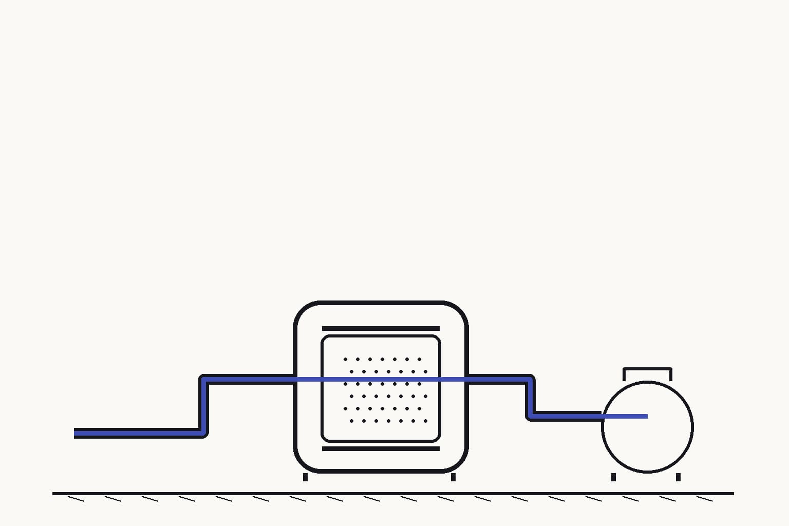 A PFAS treatment column in cutaway, packed with granular sorbent between an inlet pipe and a sealed effluent sampling bottle — The packed sorbent captures persistent contaminants before the sampling bottle