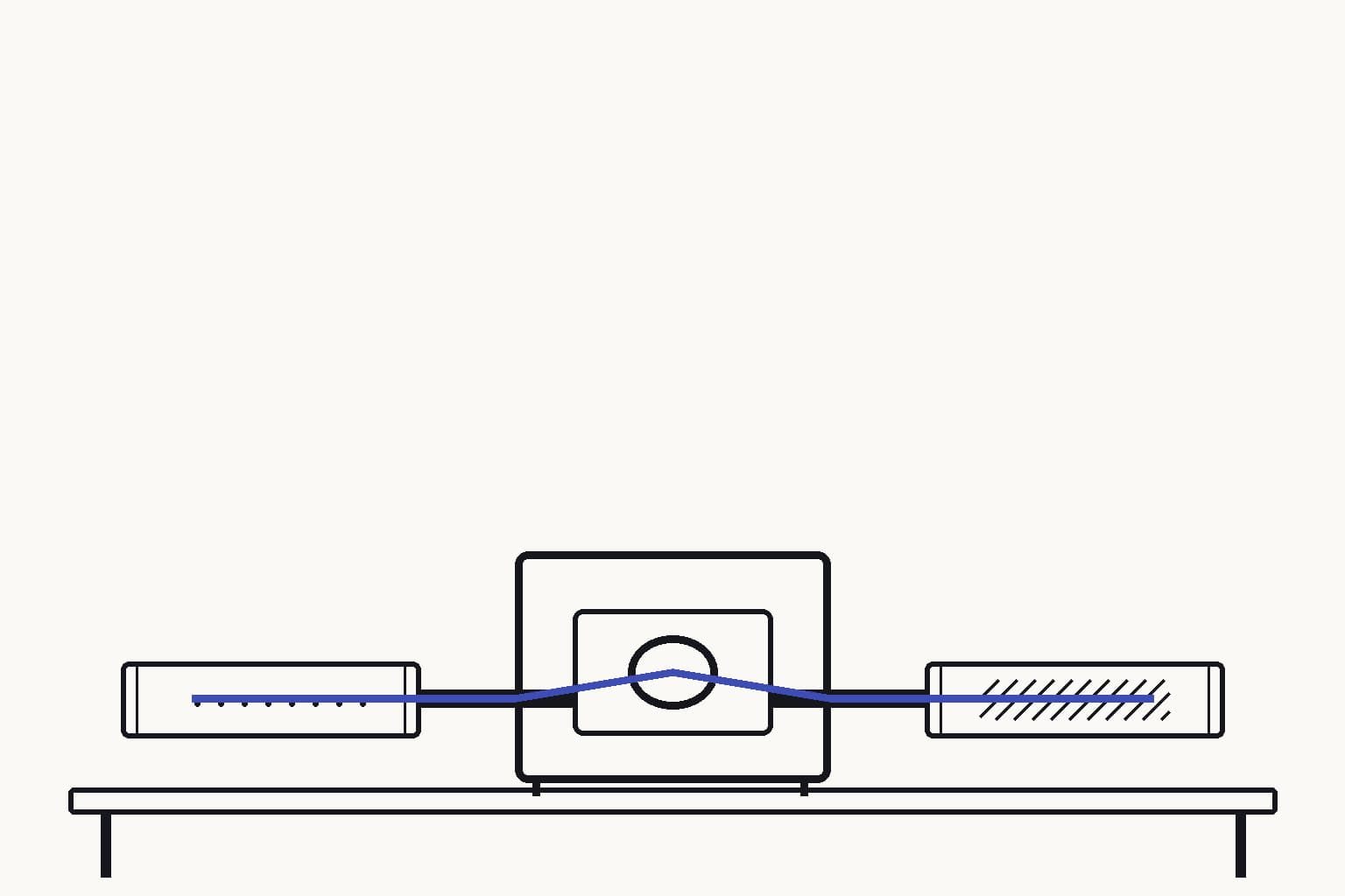 Two unmarked sample cartridges, one mineral-bearing water and one contaminated water, entering the same modular pressure-flow test fixture from opposite sides — The shared fixture ranks cartridge performance under an identical controlled flow test