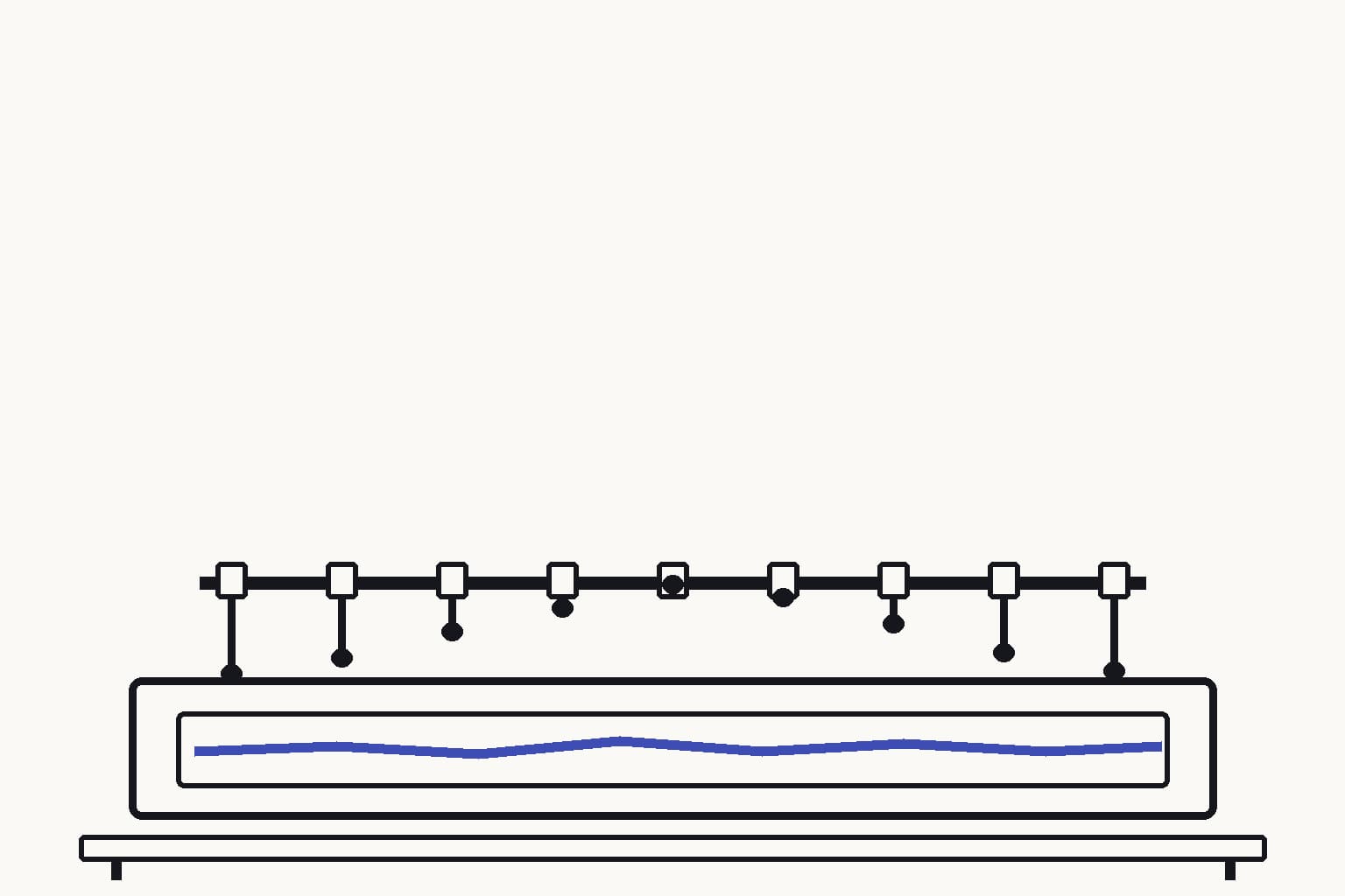 A solid-electrolyte migration rig with one ink ridge formed by measurement pins and a lower indigo trajectory passing beneath it — The rig exposes systematic underestimation of the ion migration barrier