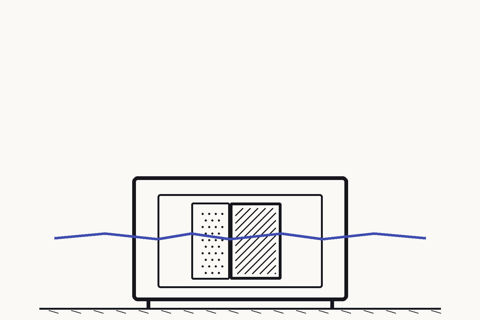 A full-height direct-air-capture panel in cutaway with a porous-framework coating bonded to a plain metal support and sparse airflow crossing it — The bonded porous coating captures gas while remaining mechanically supported inside the contactor