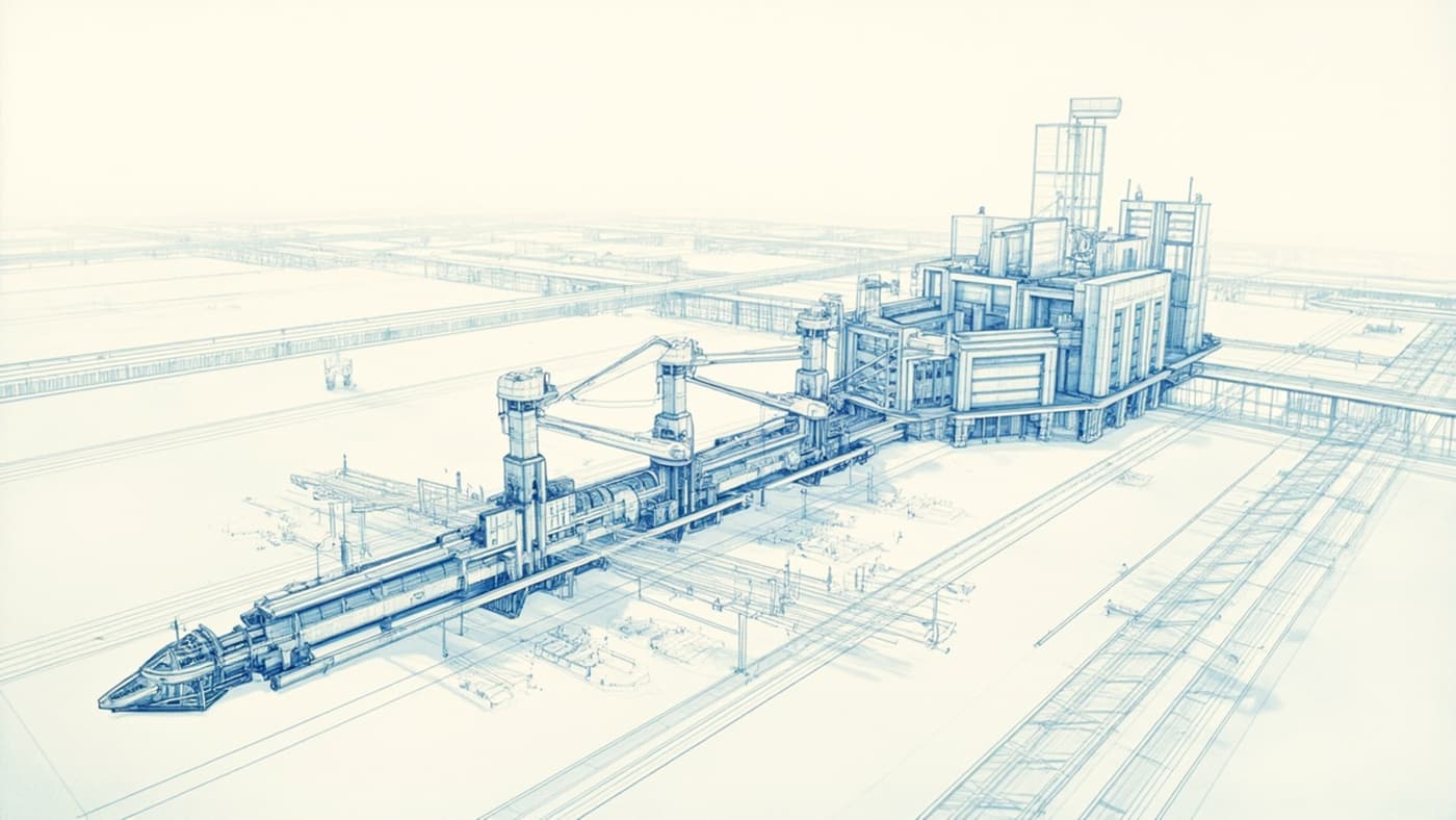 A prospectus-scale air-capture facility under development, foregrounded by a modest set of formally screened framework samples
