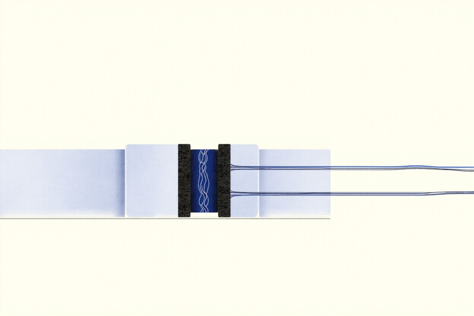 A practical cell as layered architecture — cathode, electrolyte separator, and current collector — with the ion-conduction route traced in indigo