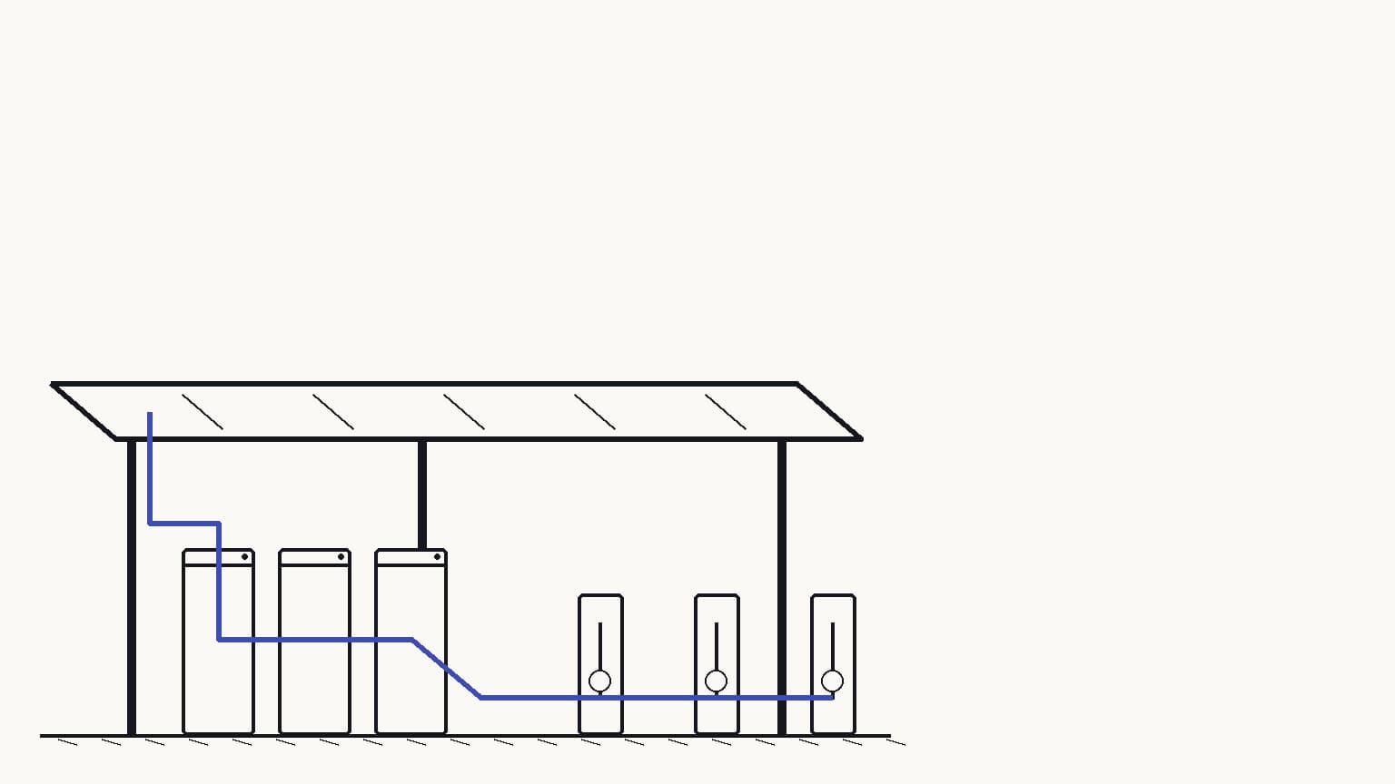 An empty electric-bus depot beneath a broad solar canopy, with a quiet row of stationary battery cabinets beside the charging bays and a vast pale sky — The battery cabinets buffer power from the canopy before it reaches the charging pedestals