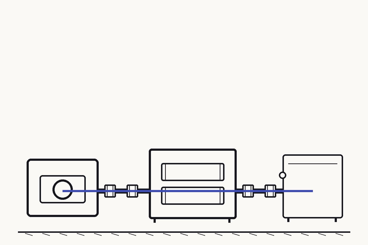 A calibration artifact in a sealed cradle connected by an unbroken physical chain of couplers to a specimen archive and a test instrument — The coupler chain makes every instrument result traceable to the calibration artifact