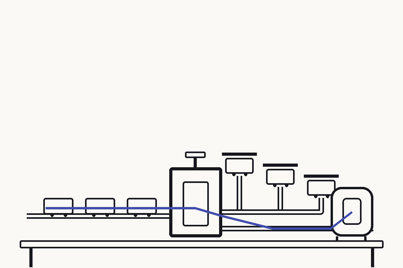 A risk-routing bench where candidate trays approach one mechanical evidence gate, several stop in side bays and one continues toward a small pilot reactor — The evidence gate routes insufficient candidates aside before pilot equipment