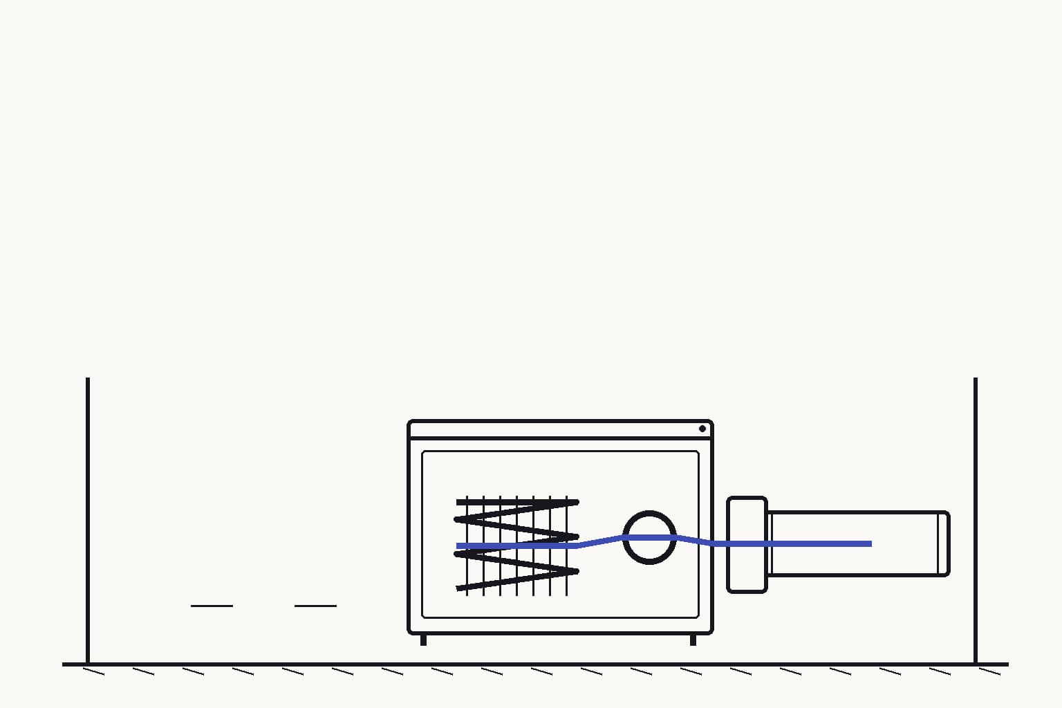 An empty supermarket cold room with a compact heat-pump cabinet, one removable research cartridge is seated beside the finned heat exchanger — The removable cartridge exposes refrigerant-property evidence to the real heat-exchanger loop