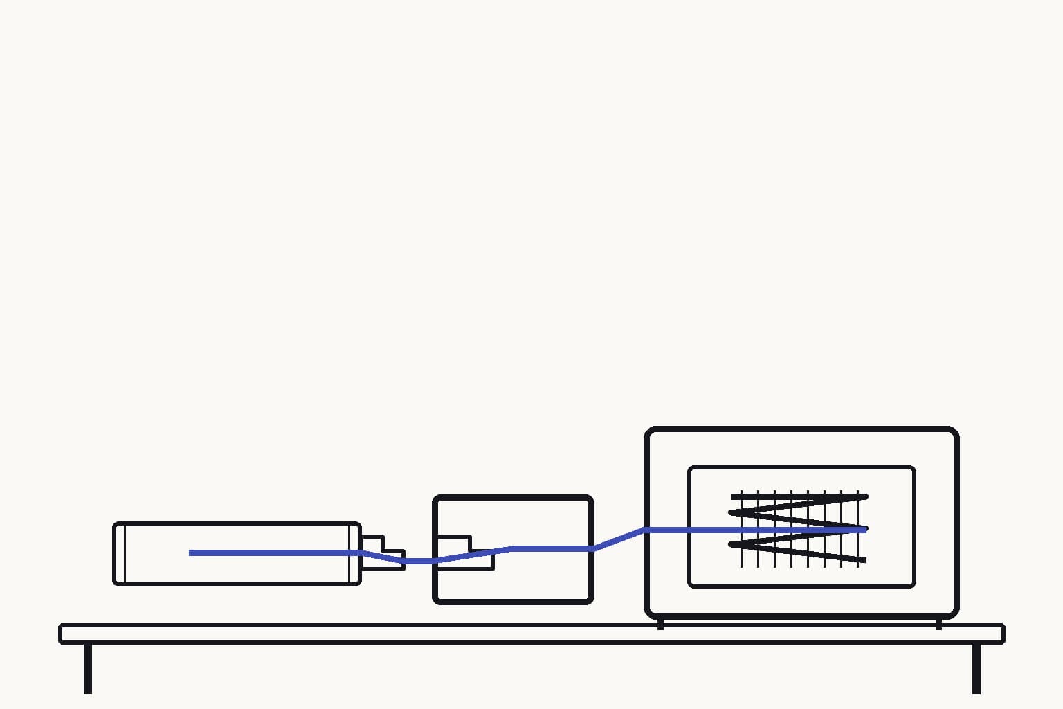 A bench calorimeter with an unmarked sealed refrigerant cartridge being inserted into a keyed mechanical cradle beside one heat-exchanger coil — The keyed cradle transfers the same cartridge from evidence storage into calorimeter measurement