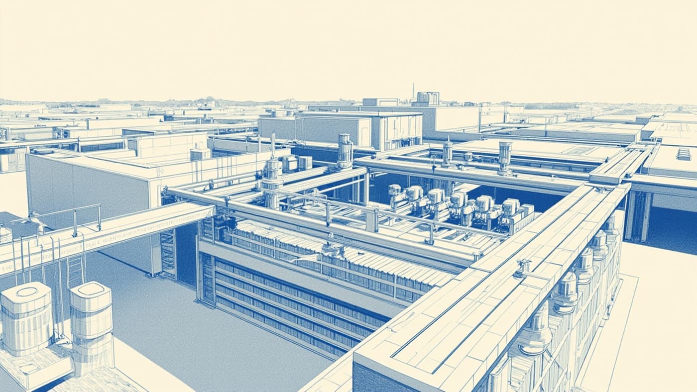 A district cooling and heat-pump network, foregrounded by the compact evidence payload that keeps the infrastructure scene honest