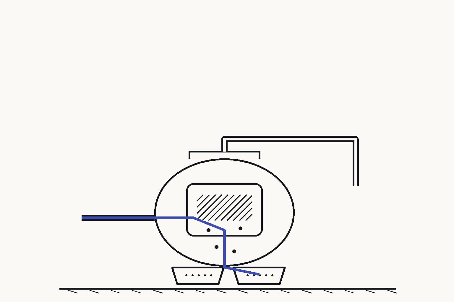 A methane-pyrolysis vessel in cutaway with solid carbon dropping into shallow collection trays and one gas conduit leaving the top — The hot reactor splits methane while solid carbon is physically removed into trays