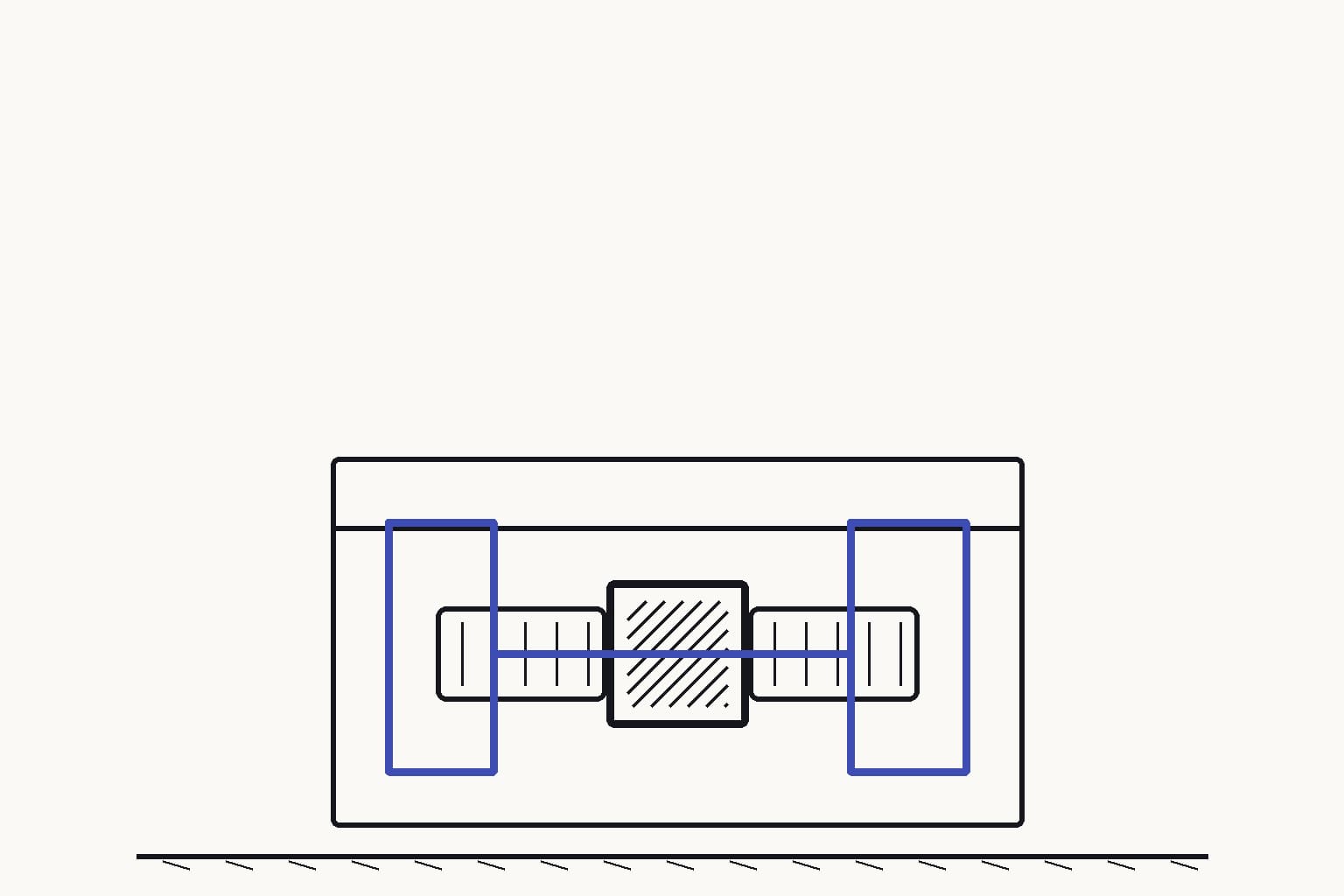 A building cooling plant with one solid-state caloric module clamped between a warm loop and a cold loop inside an accessible service cabinet — The caloric module pumps heat between the two closed fluid loops