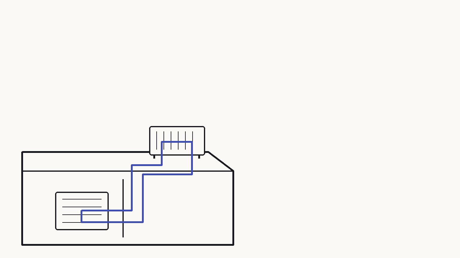 An empty refrigerated food warehouse with a rooftop heat-pump module connected to one interior cold-room heat exchanger, most of the frame is pale sky and wall — The closed refrigerant loop moves heat from the cold room to the rooftop exchanger