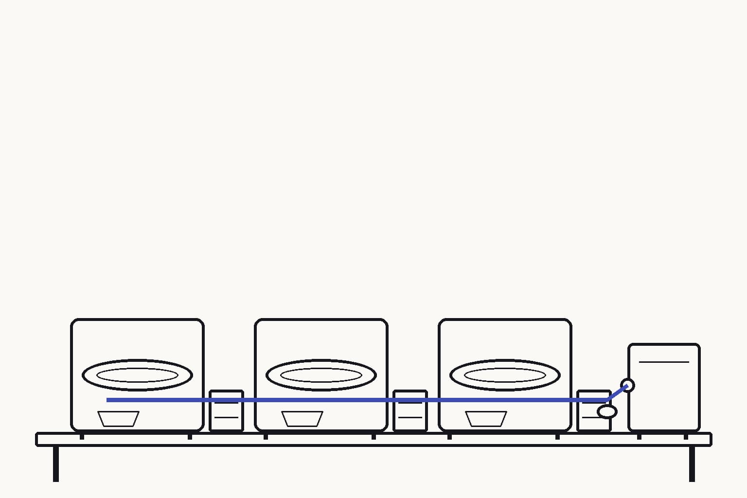 A clean pilot corridor of three identical tube furnaces with sample boats, most boats stop on cooling racks and one intact pellet reaches a pressure-test fixture — One indigo route tracks the sole pellet that survives firing and reaches mechanical testing