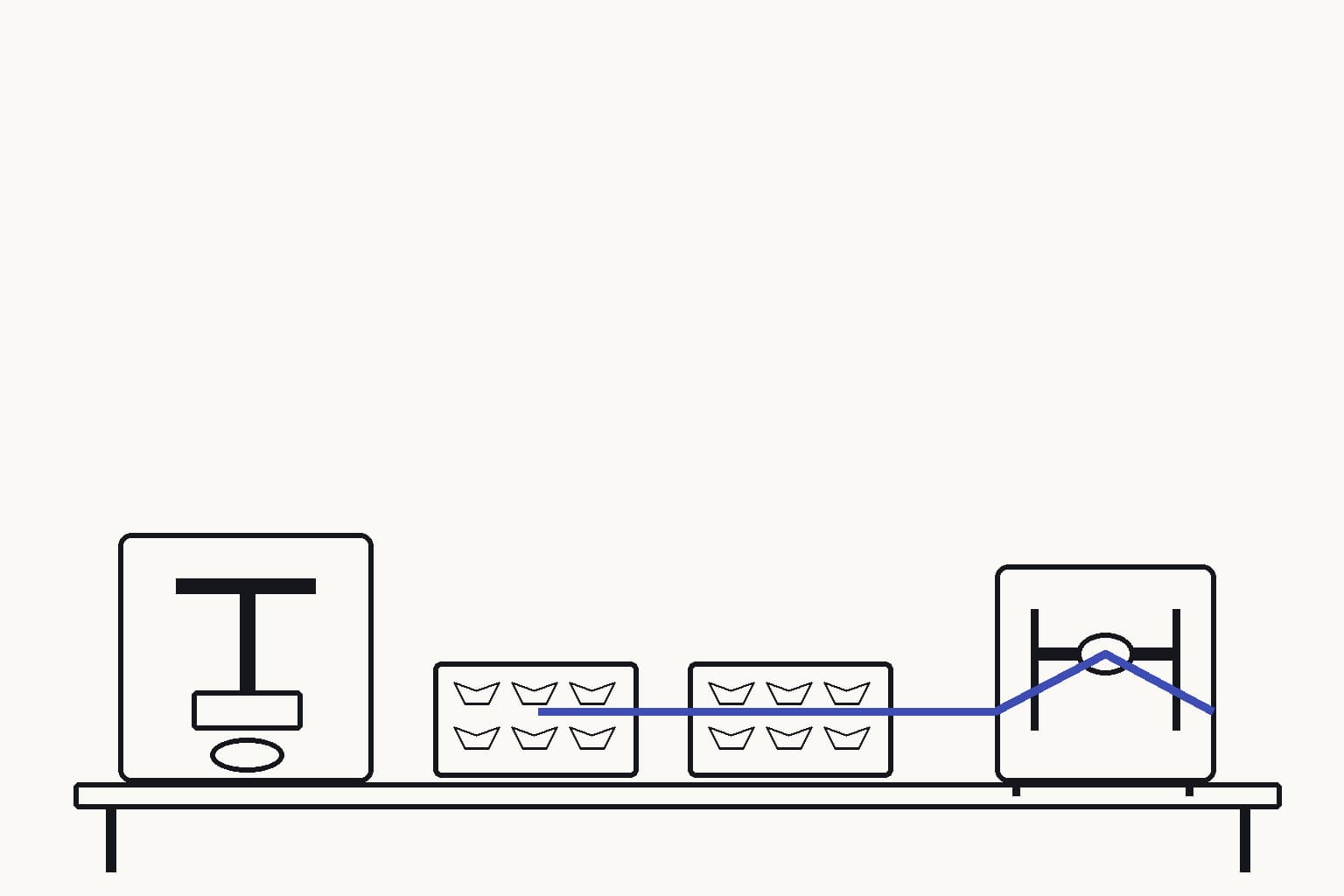 An idle pellet-press station beside orderly trays of warped ceramic disks and one measurement jig holding the next candidate — The measurement jig rejects distorted pellets before they enter the pilot line