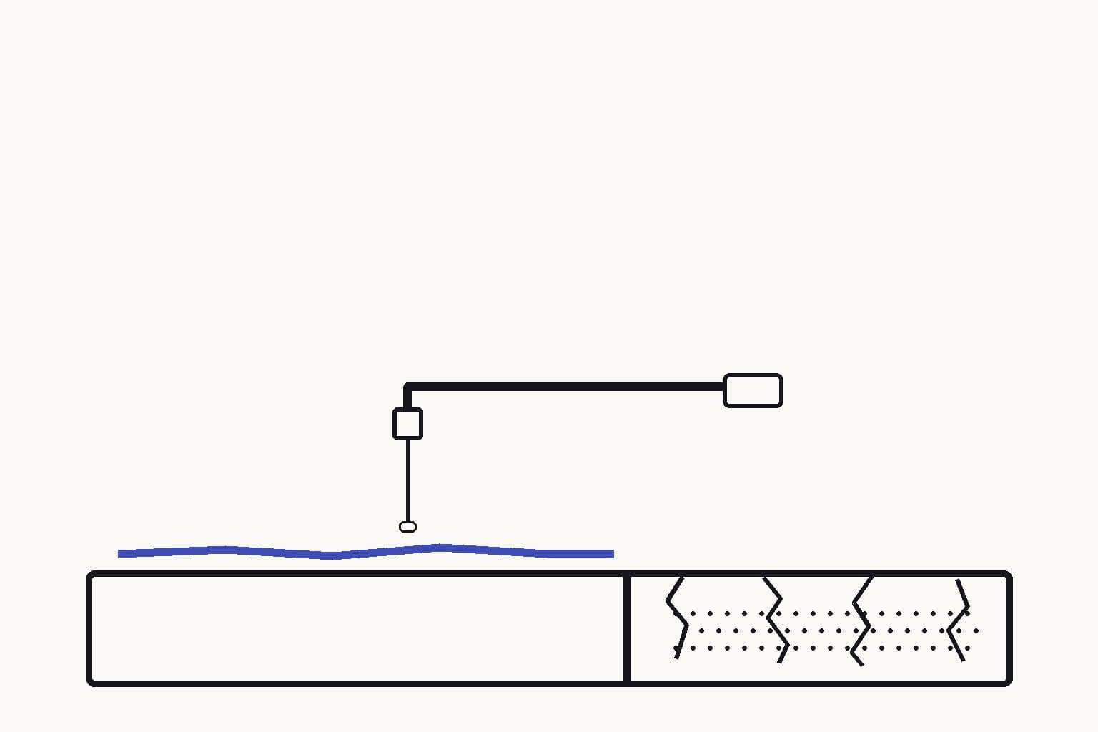 A defect-rich ceramic surface beneath a scanning probe, with one smooth polished region ending sharply at a cracked rough region — The probe maps where a smooth correction field ceases to be supported at the defect cliff