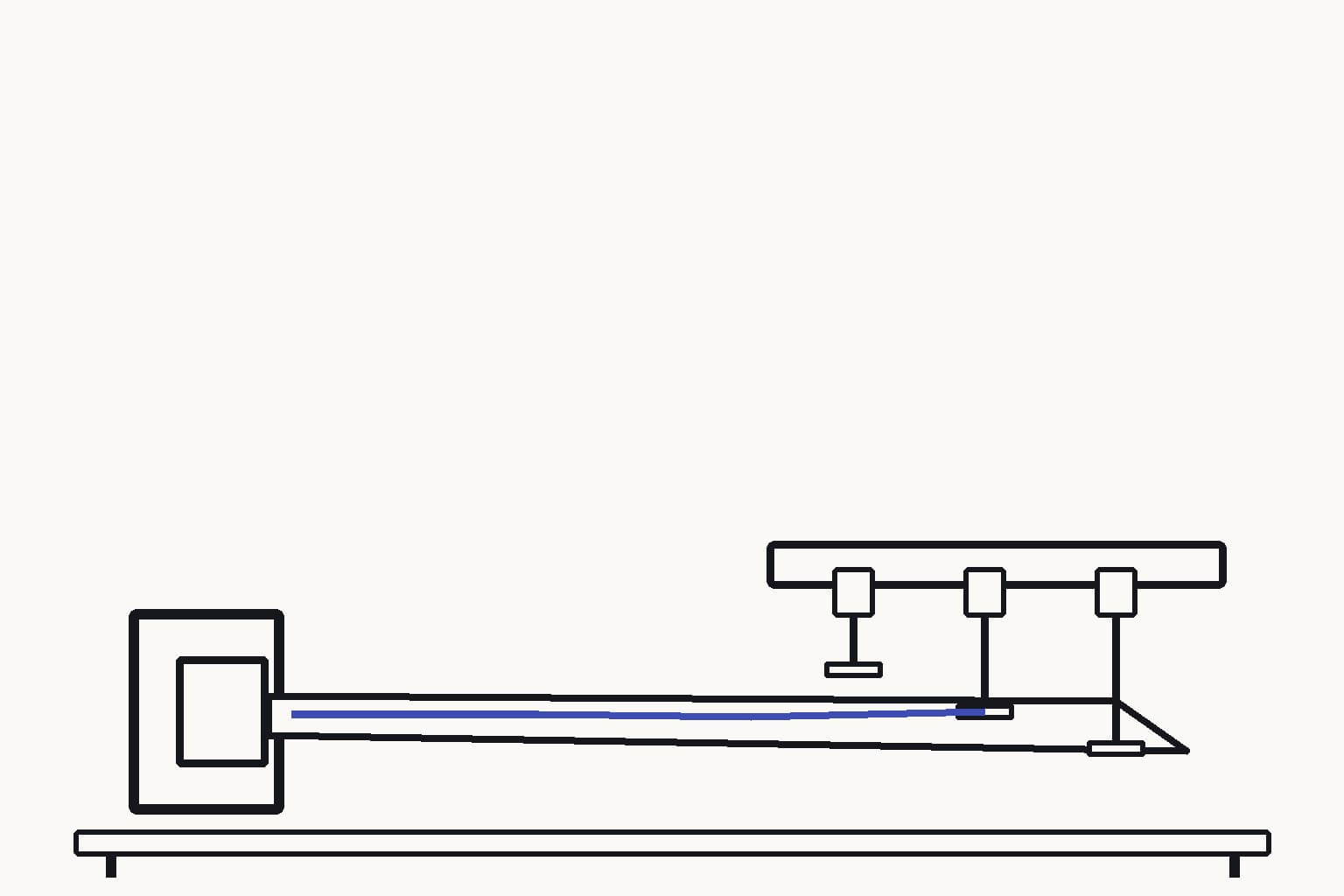 A cantilever coupon in a displacement-test jig with three adjacent physical pointers showing raw prediction, corrected prediction, and measured deflection without scales — The pointers compare whether correction moves the prediction toward the measured deflection