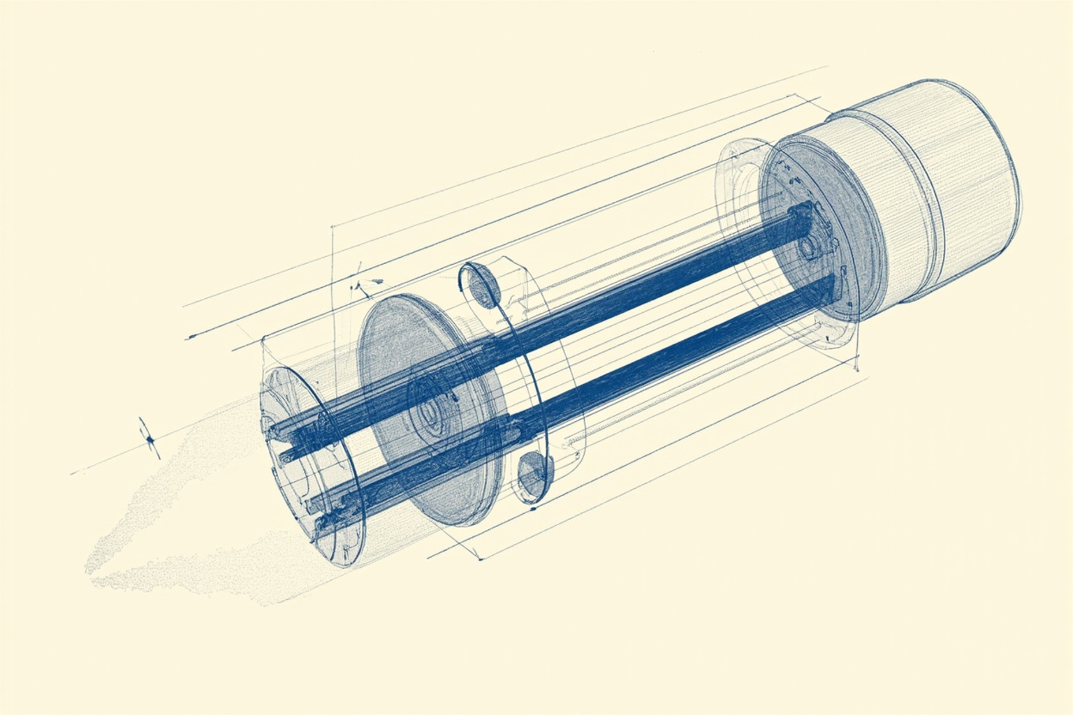 An exploded solid-state cell: the electrolyte as the safety-critical bridge between electrodes, rendered in indigo while the casing stays ink linework