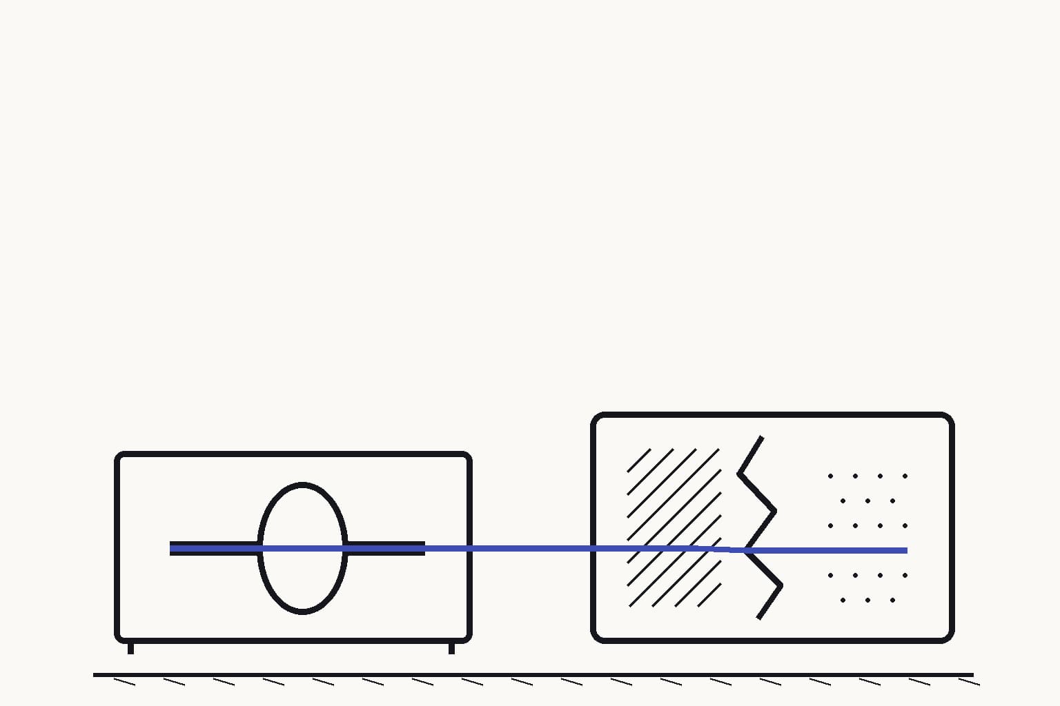 A solid-electrolyte diffusion cell mounted in a small test rig, with one ceramic grain boundary enlarged in cutaway and a restrained indigo path crossing it — The test rig measures the ion migration barrier across one grain boundary