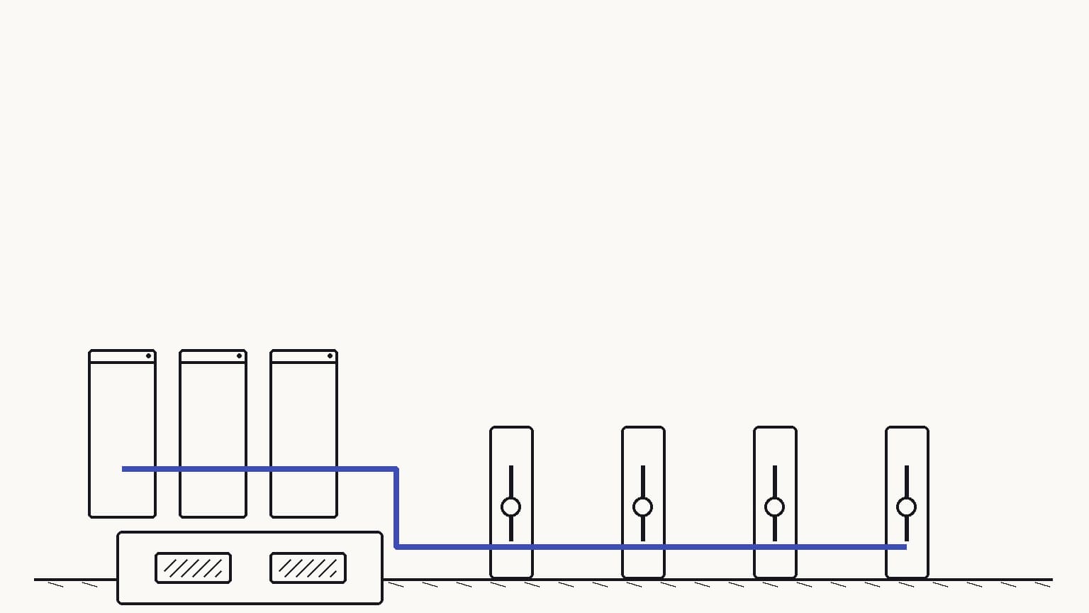 An empty fleet-charging depot with a row of chargers backed by sealed solid-state storage cabinets, two electrolyte coupons lie in a foreground test tray — The storage cabinets discharge into the chargers during a brief demand peak