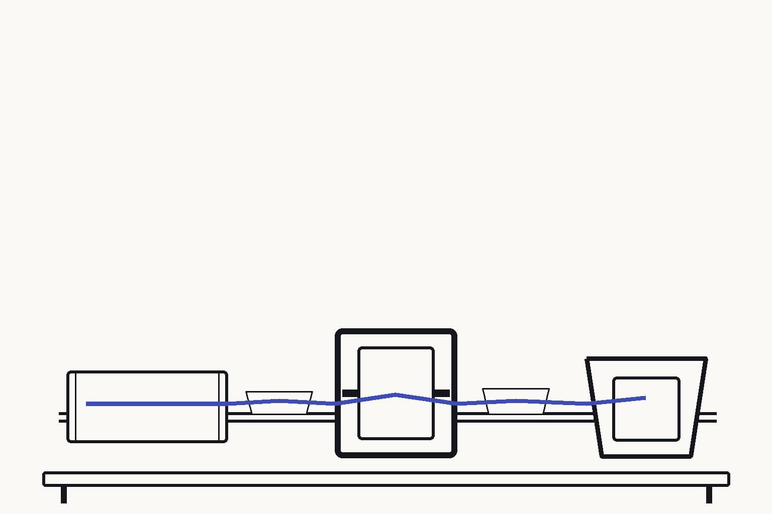 An unattended specimen pipeline with a model cartridge, a bounded correction jig, and a final engineering decision tray connected by one narrow rail — The rail carries one sample through rank-preserving correction into a physical decision tray