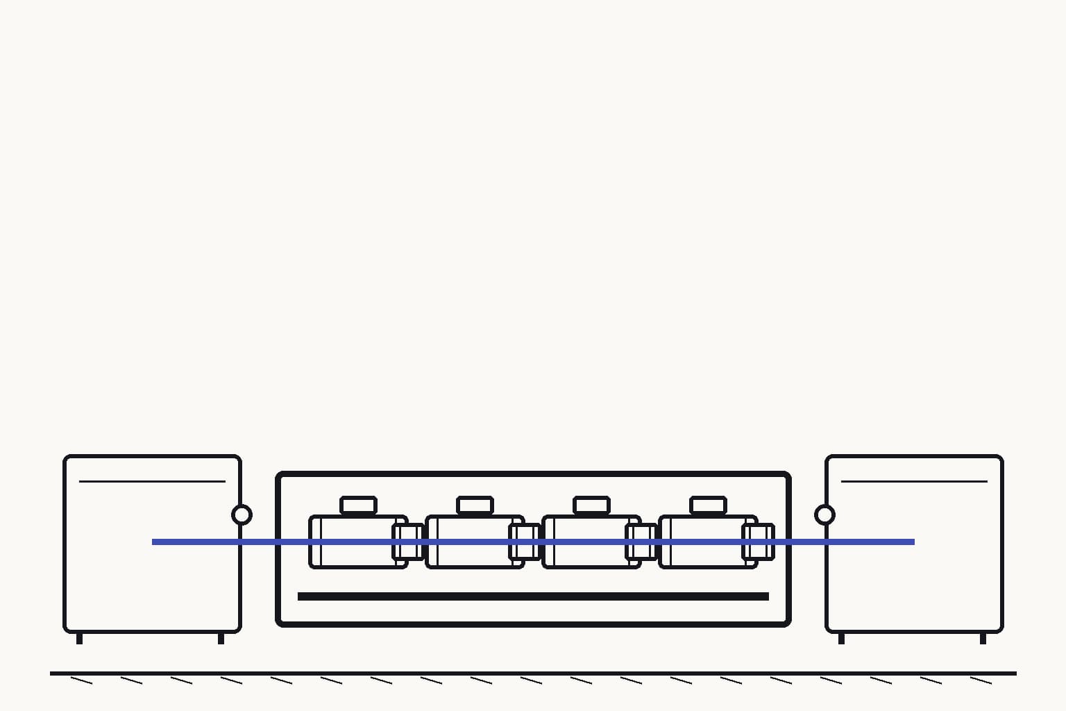 A long rack of sealed evidence cartridges connected by identical mechanical couplers to two independent instruments at opposite ends — The common coupler lets independent instruments inspect the same immutable cartridge chain