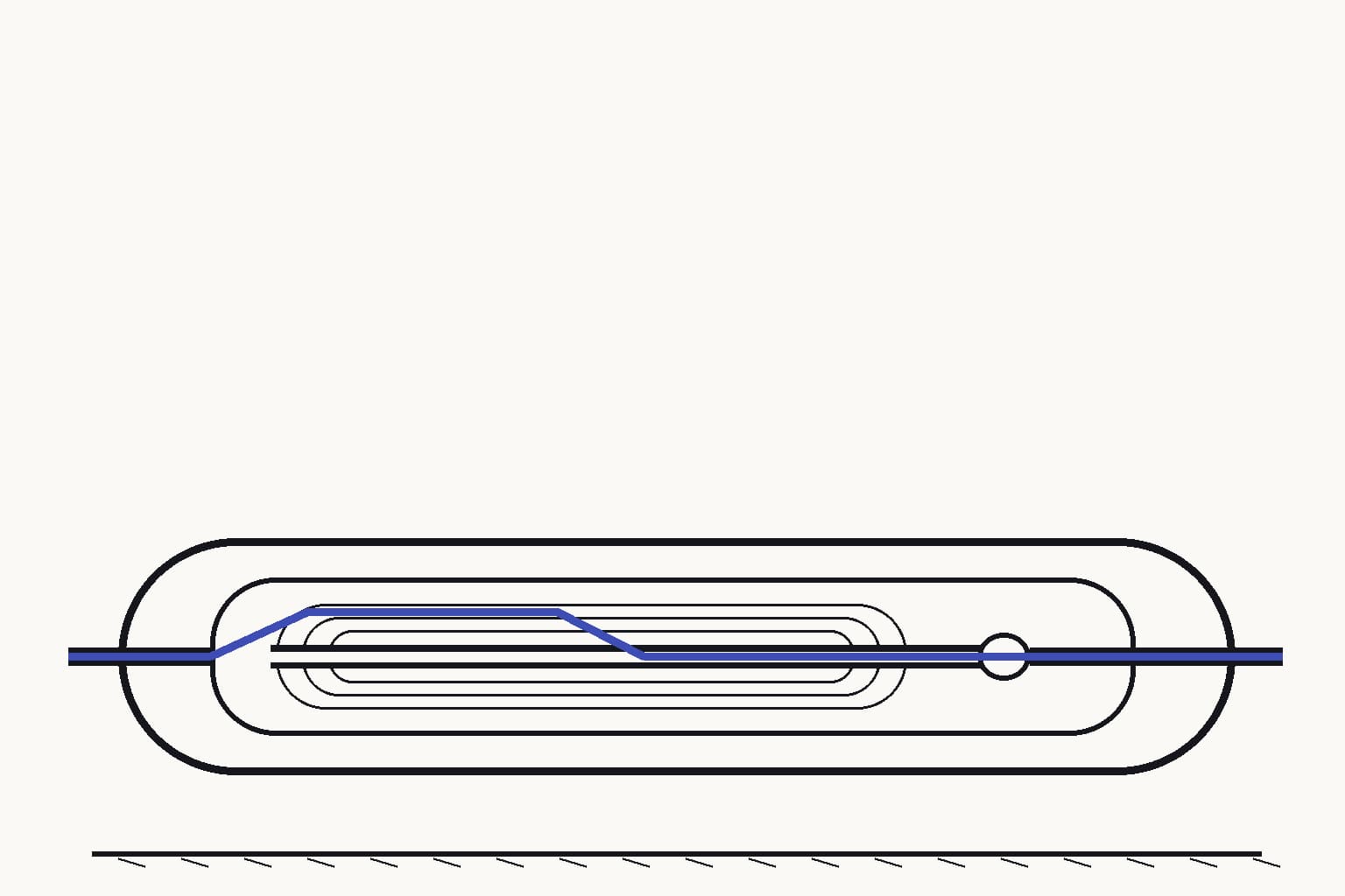 A reverse-osmosis pressure vessel shown in long cutaway, with a spiral membrane element separating an inlet channel from a clean-water collection tube — Pressure drives water through the membrane into the central collection tube