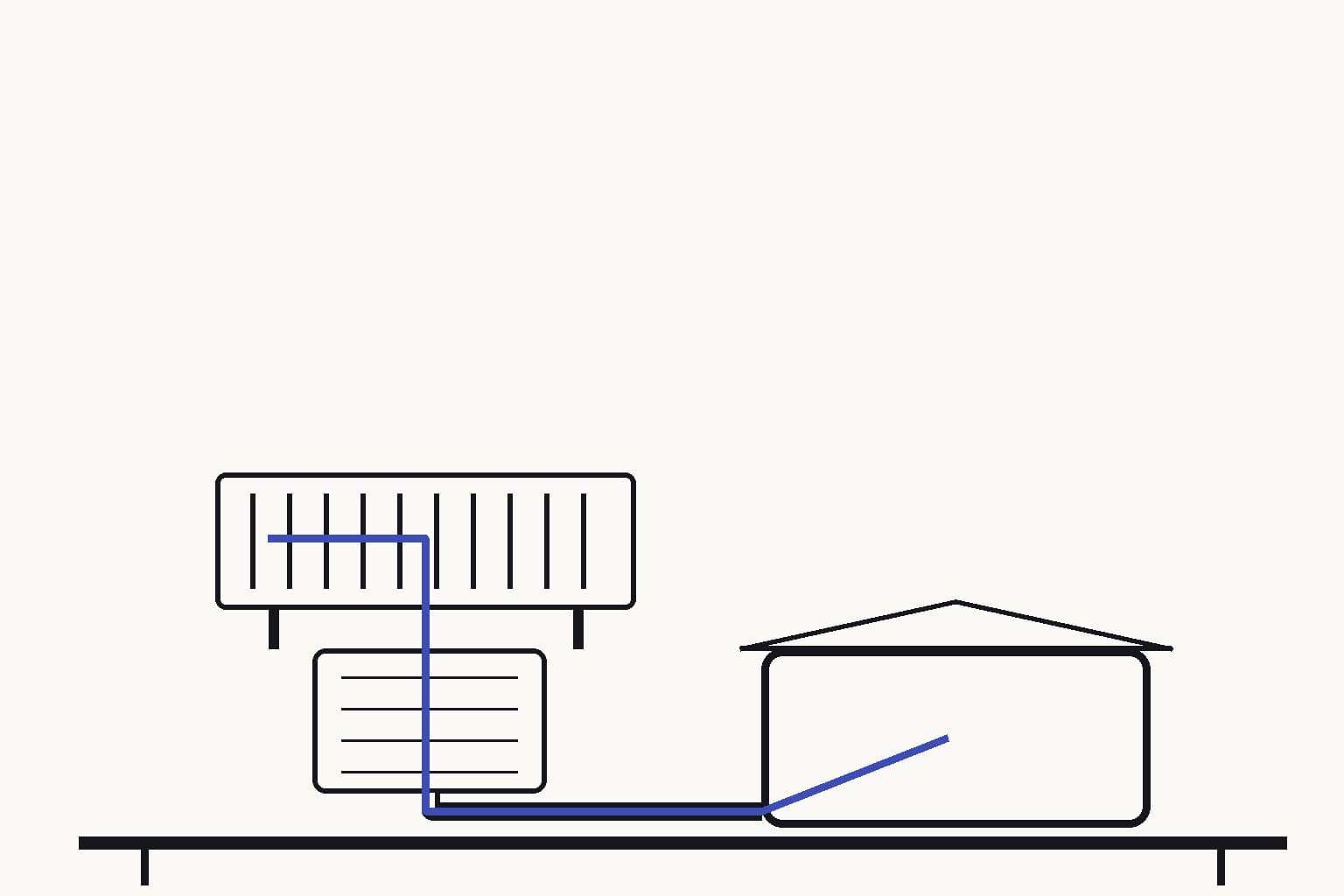 A rooftop atmospheric-water harvester in a dry built landscape, with a finned sorbent cassette above a small condenser and covered cistern — The sorbent cassette releases captured moisture to the condenser and cistern