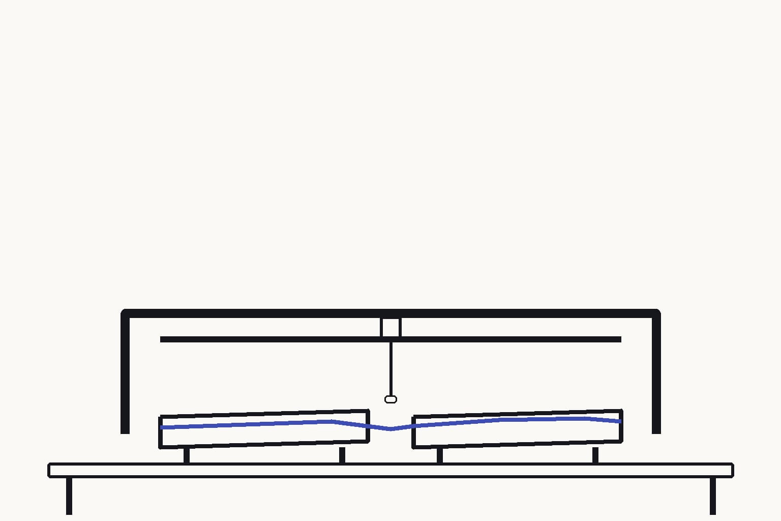 Two plain metal field plates mounted side by side beneath the same scanning probe, with their surface mismatch visible as one narrow indigo displacement ribbon — The probe measures the local difference between predicted and reference plates