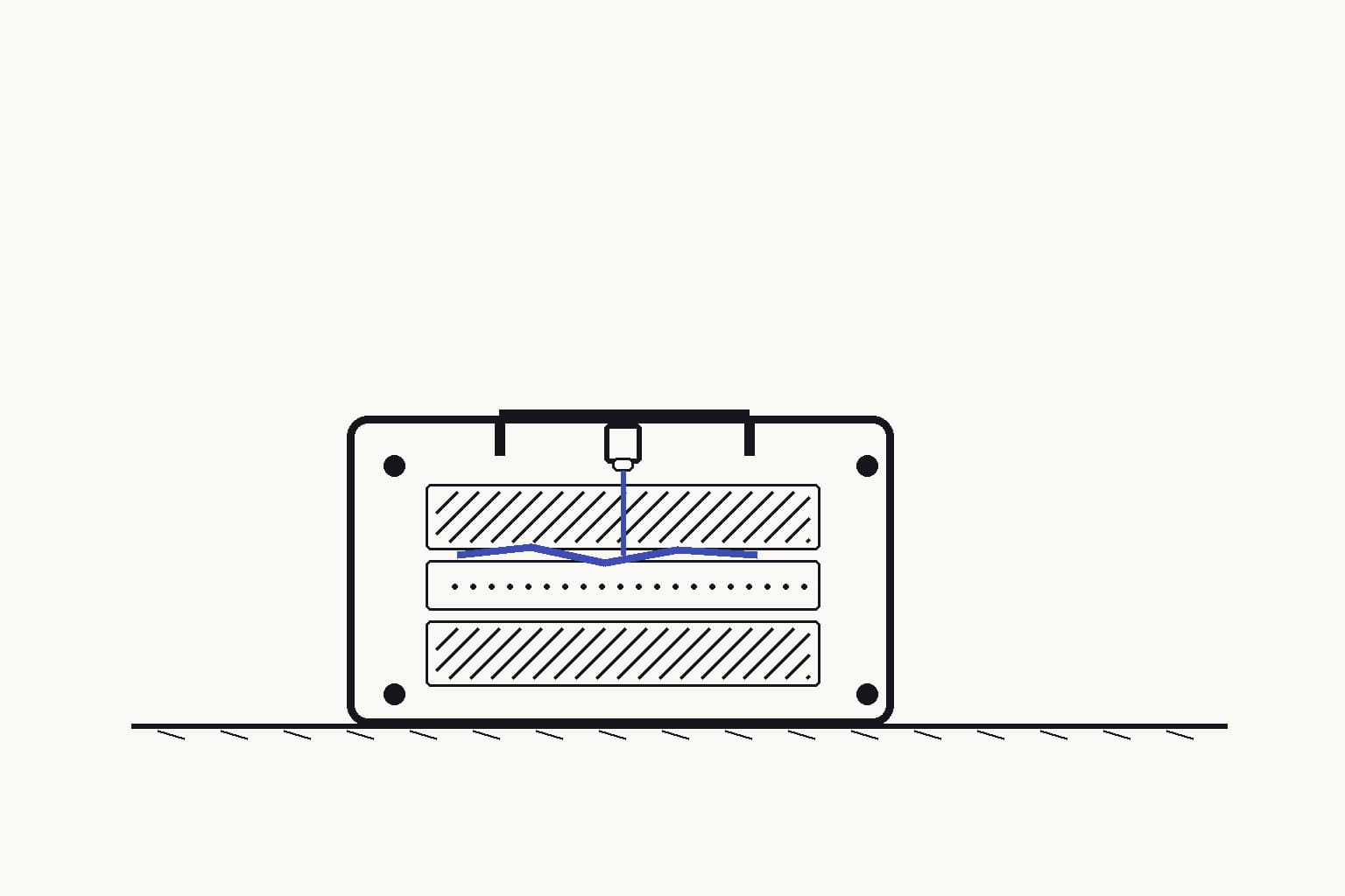 A practical solid-state cell casing in cutaway beneath a scanning probe, revealing a ceramic electrolyte pressed against one electrode interface — The probe inspects the buried electrolyte-to-electrode interface inside the cell