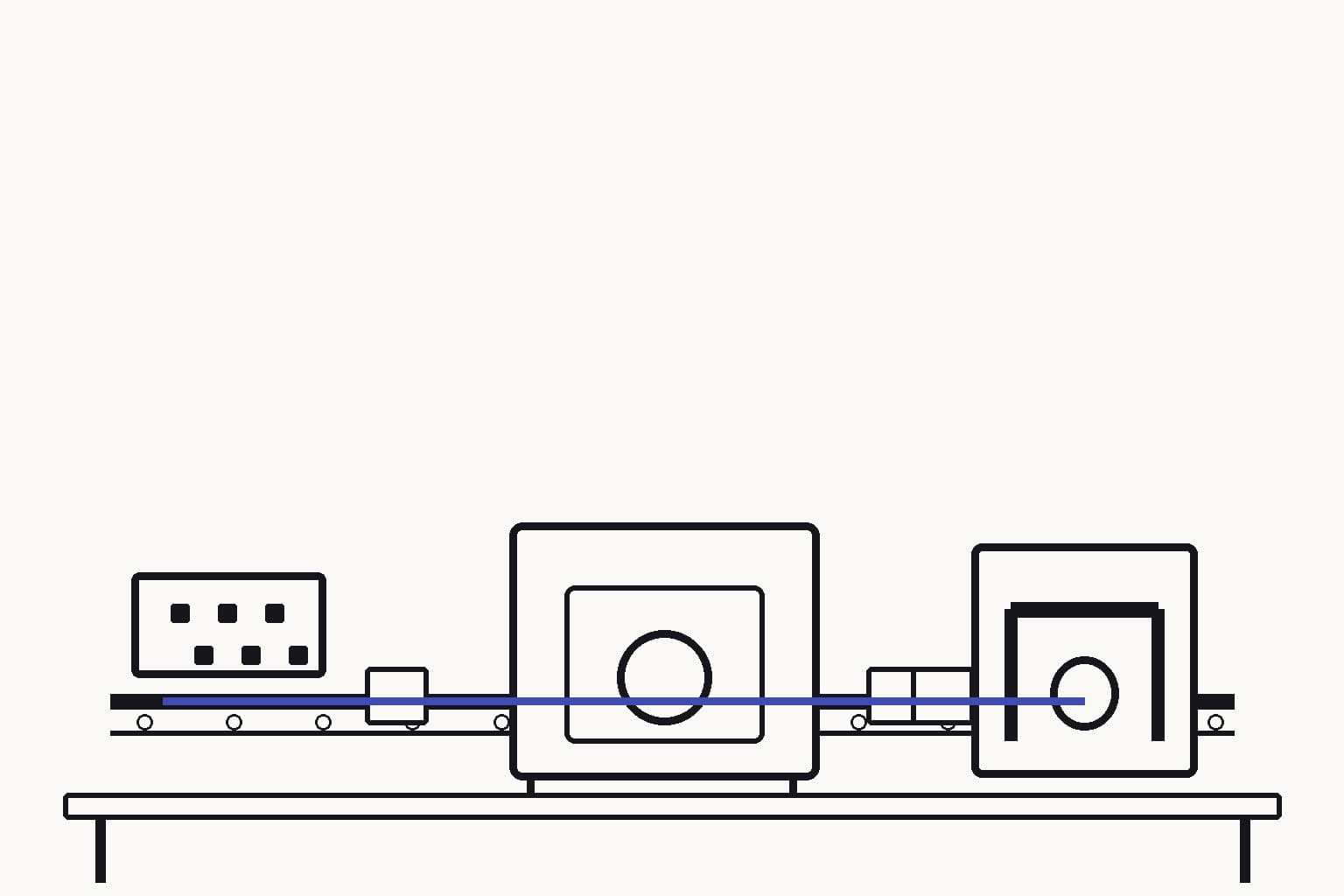 A sample-coupon transfer rail beginning at a simple pixel-pattern mask, passing through an X-ray instrument, and ending at a physical bend-test frame — The same coupon is fabricated, measured, and mechanically tested along one traceable rail