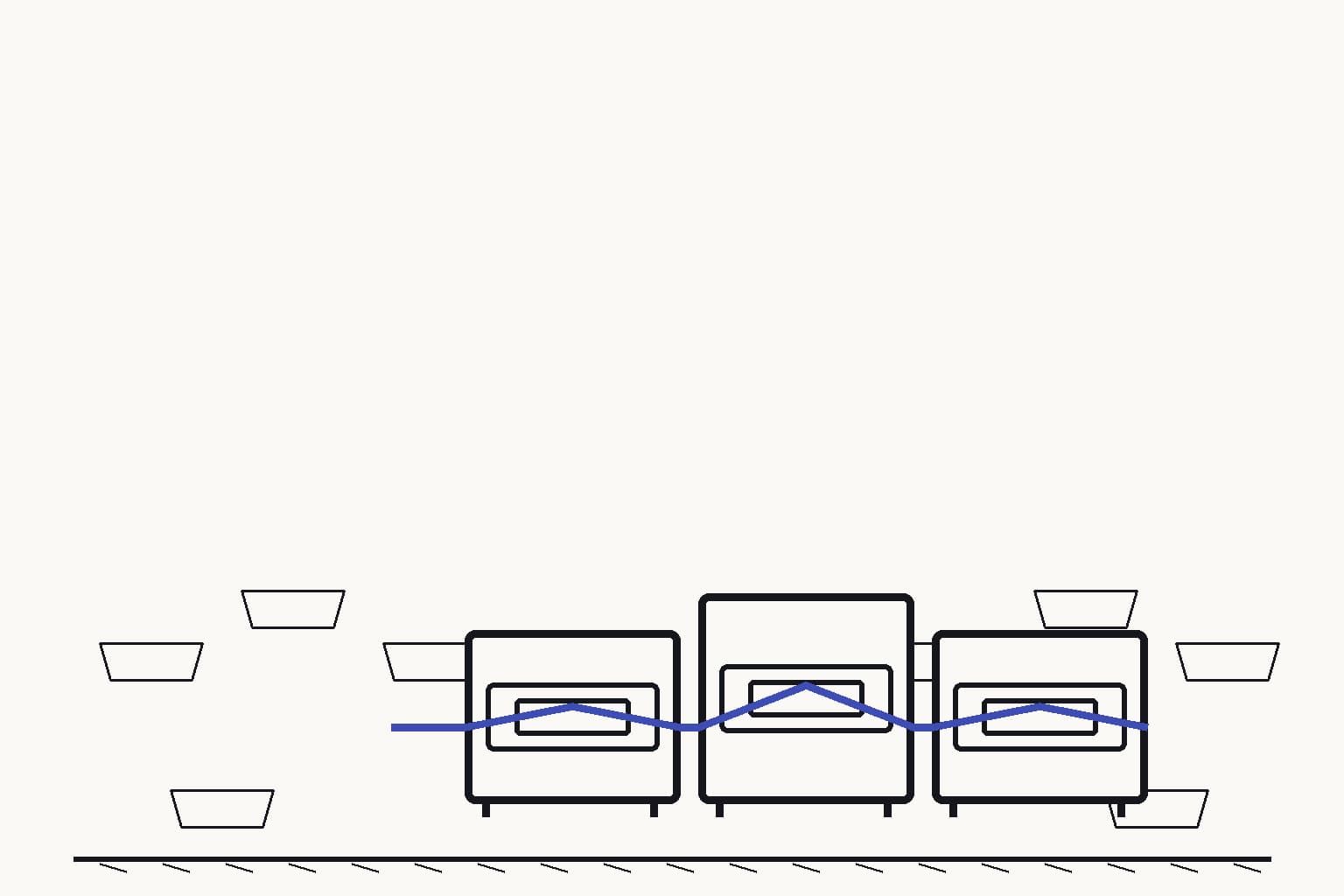 A broad array of untouched electrolyte coupons surrounding a compact central route through three shared physical diffusion-test stations — The union route reuses shared stations instead of repeating every possible barrier test